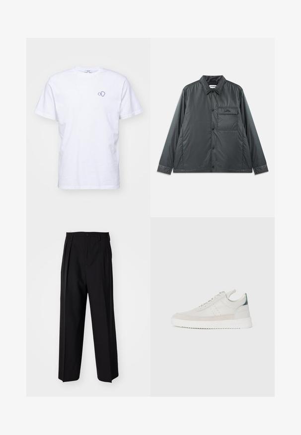Casaco leve, cinza escuro, com botão, colarinho ponto, mangas longas e um único bolso no peito. Tecido suave e brilhante com hardware mínimo.; T-shirt branca de algodão com um design bordado azul no lado esquerdo do peito. Mangas curtas e gola redonda com um ajuste padrão.; Calças pretas plissadas com um design reto e de perna larga. Feitas de um tecido liso, apresentam um fecho de botão e passantes para cinto.; Ténis brancos em pele com detalhes em camurça cinza, design de atacadores, com alça de puxar e sola de borracha texturizada com padrão em zigzag.