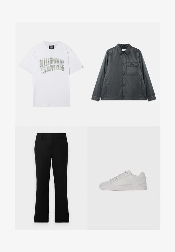 Tamsiai pilkas, lengvas, mygtukais užsegamas švarkas su taškais, ilgomis rankovėmis ir viena krūtine kišene. Lygus, blizgus audinys su minimaliu priedų kiekio.; Balta medvilnė marškinėliai su "Billionaire Boys Club" užrašu gradientiniu dizainu. Trumpomis rankovėmis ir apvaliu iškirpimu.; Juodos plačios kelnės, pagamintos iš medvilnės mišinio, su mygtukų uždarymu, diržo kilpomis ir lygia tekstūra be matomų raštų.; Šviesiai pilka odinė sportinė avalynė su lygiu paviršiumi, apvaliu pirštu, plokščiomis guminėmis padangomis ir toniniais raišteliais. Pasižymi minimalia auksine ženklinimo informacija.