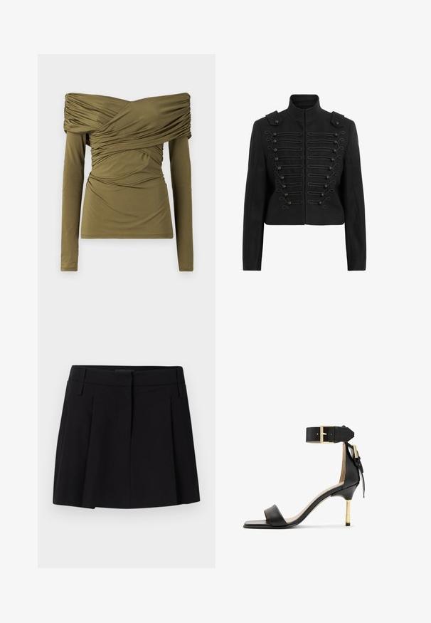 Juoda trumpa striukė su stovinčiu apykakle, dekoratyviniais mygtukais su pynimo detalėmis priekyje ir pečiais su epauletėmis.; Apykaklė ilgomis rankovėmis, olivinės spalvos, su raukšlėmis krūtinės ir juosmens srityse, pagaminta iš lygios, tamprios medžiagos.; Juodas klostuotas sijonas, pagamintas iš lygios medžiagos, su juosmeniu ir priekinėmis kišenėmis, tiesaus, išplėsto silueto.; Juodas odinis aukštakulnis šlepetės su kvadrato formos pirštu, kulkšnies dirželiu su auksiniu užsegimu ir liesu metaliniu kulnu. Lygus paviršius, minimalistinis dizainas.