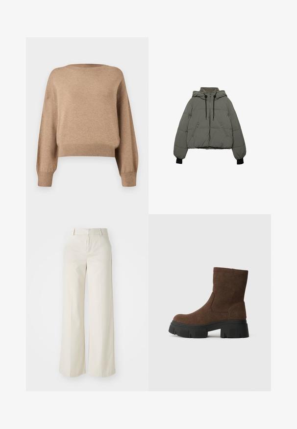 Stradivarius HOODED RUBBERISED PUFFER - Vinterjacka - khaki; Stickad tröja i en ljusbrun nyans. Har rund halsringning, sänkta axlar och ribbade muddar och nederkant. Mjuk textur och kort design.; Vidbenade byxor i en ljus beige färg, gjorda av ett slätt tyg. Har en klassisk midja och flat front med rena linjer.; Bruna mockaläder ankelstövlar med en texturerad yta, rund tå och en kraftig svart gummisula med ett mönster.