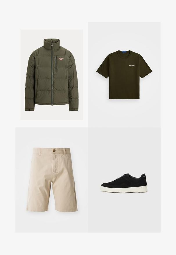 Jakna na puhanje tamnozelene boje s visokim ovratnikom, patentnim zatvaračem sprijeda i džepom na prsima. Ima prošivene dijelove i logo na lijevoj strani.; Tamnozeleni kratki rukav majica s okruglim izrezom i malim bijelim logotipom "Polo Sport Ralph Lauren" na lijevoj strani prsnog koša.; Bež pamuk shortsi s kopčanjem na dugme, petljama za remen i bočnim džepovima; glatka tekstura i ravna silueta.; Crne nubuk tenisice s vezanjem i kontrastnom bijelom gumenom potplatom. Imaju teksturirane bočne panele i suptilno brendiranje na peti.