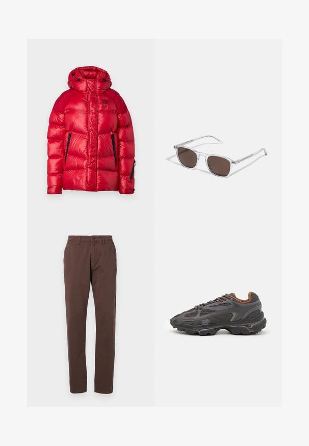 Blauer CROWN - Winter jacket - red; Grey crew-neck sweater made of soft knit fabric. It features long sleeves, ribbed cuffs and hem, and a small logo tag on the side.; Brown cotton chinos with a straight leg design, featuring a front button closure and side pockets. Smooth texture with a classic cut.; Lacoste sneakers in dark gray with mesh and synthetic material, featuring a textured sole and brown accents on the collar and branding.; Clear plastic sunglasses with rectangular brown lenses, featuring thin, transparent arms and metal accents on the temples.