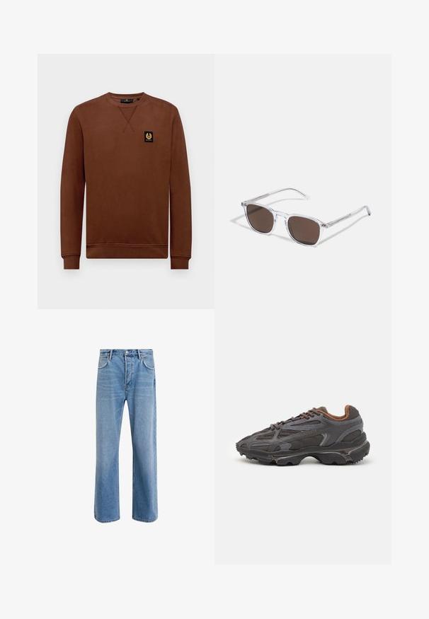 Blauer CROWN - Giacca invernale - red; Belstaff BELSTAFF - Felpa - deep copper; Jeans in denim blu chiaro con design a gamba dritta, cinque tasche, chiusura con bottone, leggero sbiadimento e dettagli di cucitura a contrasto.; Sneaker Lacoste grigie scure in materiale mesh e sintetico, con suola testurizzata e dettagli marroni sul colletto e sul branding.; Occhiali da sole trasparenti in plastica con lenti rettangolari marroni, dotati di sottili aste trasparenti e dettagli in metallo sulle tempie.