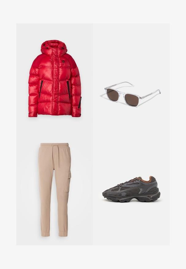 Blauer CROWN - Winterjacke - red; Schwarzes Langarm-T-Shirt aus Baumwolle, mit Rundhalsausschnitt und einem kleinen grünen, gestickten Krokodil-Logo auf der linken Brust.; Beige Jogginghose aus weichem Stoff mit einem elastischen Bund und Kordelzug, gerippten Knöcheln und einer seitlichen Patch-Tasche.; Lacoste Sneaker in Dunkelgrau aus Mesh und Synthetikmaterial, mit einer strukturierten Sohle und braunen Akzenten am Kragen und Logo.; Klarer Kunststoff-Sonnenbrillen mit rechteckigen braunen Gläsern, ausgestattet mit dünnen, transparenten Bügeln und Metallakzenten an den Schläfen.