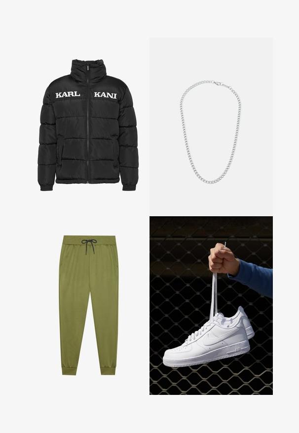 Jachetă neagră puffer cu guler înalt, fermoar frontal și două buzunare laterale. Prezintă text alb "KARL" și "KANI" pe piept. Textură netedă.; Tricou alb din bumbac, cu guler rotund și mâneci scurte, având un logo brodat negru centrat pe piept.; Pantaloni de trening verde măsliniu cu talie elastică, șnur negru, buzunare laterale și manșete ribbate la glezne. Textură netedă.; Adidași albaștri din piele cu perforații, vârf rotund, talpă plată și șireturi groase, cu un logo swoosh vizibil și cu inscripția "AIR" pe toc.; Colier din metal argintiu cu lanț, featuring inele interconectate și un închizător sigur, textură netedă, finisaj uniform și un design clasic.