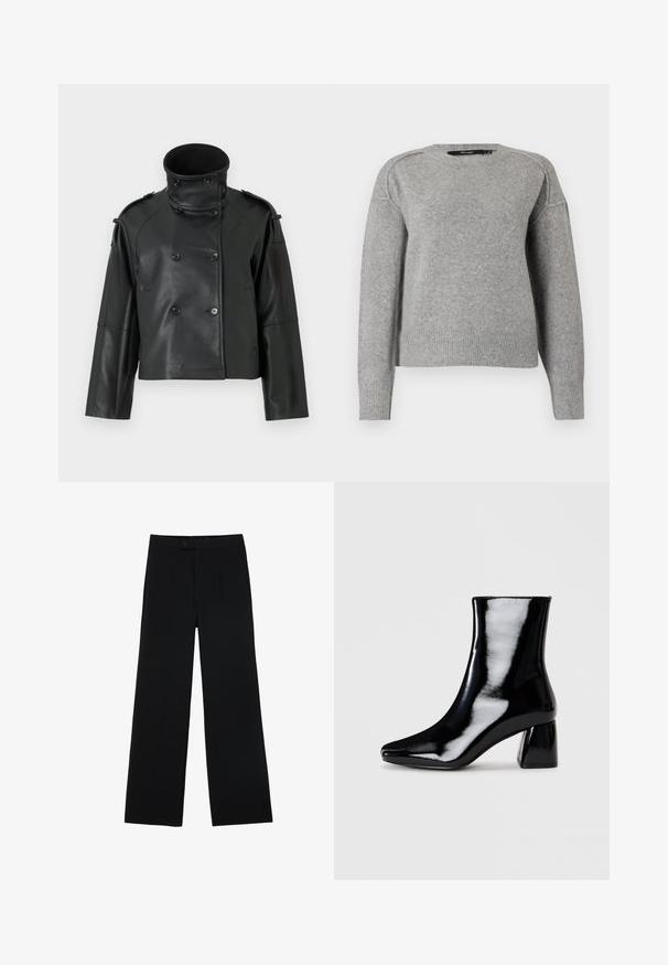 Fekete bőr dzseki magas gallérral, dupla előlappal, nagy gombokkal és vállpántokkal. Simává textúra, rövidített hossz.; Világosszürke pulóver kerek nyakkivágással, bordázott mandzsettákkal és szegéllyel, valamint puha tapintással. Lehorgonyzott vállak jellemzik, ami laza illeszkedést biztosít.; Fekete, bő szárú nadrág sima anyagból, elülső gombzárral és két pliszírozással a részletek hangsúlyozásáért. Összességében szabott dizájn.; Fekete lakk bokacsizma hegyes orral és négyzetes blokk sarokkal. Simaság jellemzi, magas fényű felületével, díszítések nélkül.