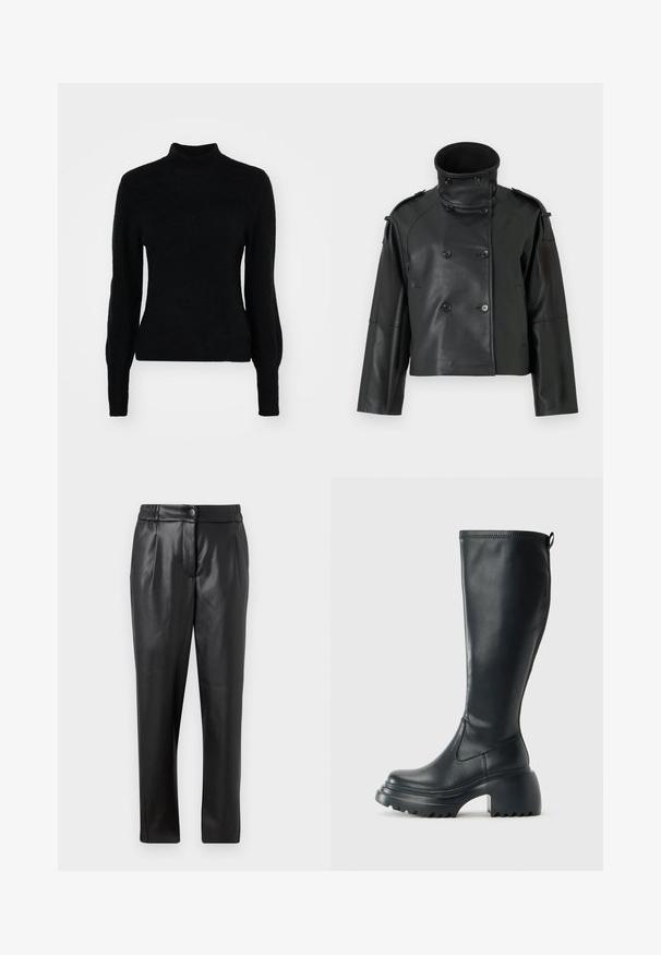 Must mustrakk, millel on kõrge krae, kahekordne disain, suured nupud ja õlavarre epauletid. Sile tekstuur, lühike pikkus.; Must have mustar kaelusega kootud särk, mis on valmistatud pehmest, tekstureeritud materjalist. Sellel on pikad varrukad ja keha lähedalt istuv disain, millel on sujuv viimistlus.; Mustad nahkpüksid, millel on sile tekstuur, sirge lõige, elastne vöökoht ja esine nupuga sulgemine; volditud detailid ja kitsenevad sääred.; Kõrge must nahksaapad, millel on massiivne platvormi tald ja blokk-kand, varustatud tõmbenööriga ja tekstuuriga väljatõmbejääk.