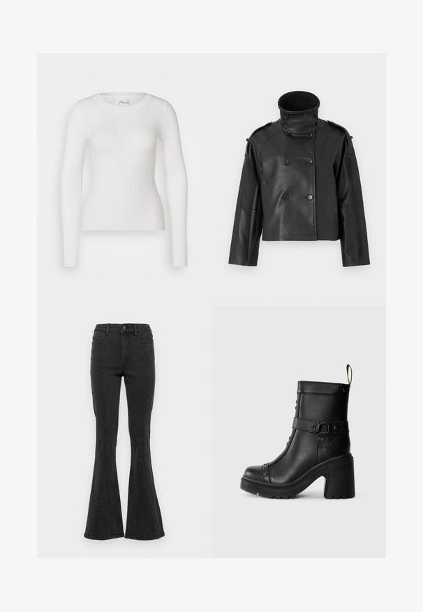 Mustat nahkatakit, joissa on korkea kaulus, tuplamallinen muotoilu, suuret napit ja olkakappaleet. Sileä pinta, lyhyt pituus.; Valkoinen pitkähihaisen ribbipaita pyöreällä kaula-aukolla. Kangas on sileä, siinä on hienovarainen tekstuuri ja tiukka muotoilu. Ei näkyvää varustusta tai kuvioita.; Mustat denim-flares-housut, joissa on korkea vyötärö. Sivusaumat ja siisti viimeistely helmassa. Kangas on sileä ja siinä on hieman venyvyyttä.; Mustat nahka nilkkurit paksulla korkokannalla, sivussa soljellinen yksityiskohta ja koristeellisia niittejä etusaumassa. Karkea kumipohja.