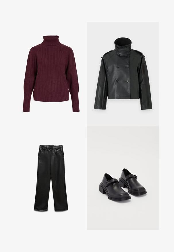 Black leather jacket with a high collar, double-breasted design, large buttons, and shoulder epaulettes. Smooth texture, cropped length.; Burgundy turtleneck sweater made of ribbed knit fabric, featuring long sleeves and a relaxed fit with snug cuffs and a high collar.; Black faux leather wide-leg pants with front pockets, belt loops, and subtle sheen. Smooth texture and tailored fit.; Black leather shoes with a rounded toe, flat sole, and a strap with a buckle detail. Chunky block heel for added stability.