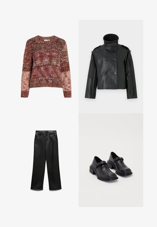 Svart skinnjakke med høy krage, Dobbelknepsdesign, store knapper og skulderepauleter. Glatt tekstur, kort lengde.; Strikkegenser i blandede nyanser av rødt, oransje og krem. Har rund hals, lange ermer og et strukturert mønster hele veien.; Sorte videbukser i kunstlær med frontlommer, beltehemper og subtil glans. Jevn tekstur og skreddersydd passform.; Sorte lærersko med rund tå, flat såle og en rem med spenne-detalj. Kraftig blokkhæl for bedre stabilitet.