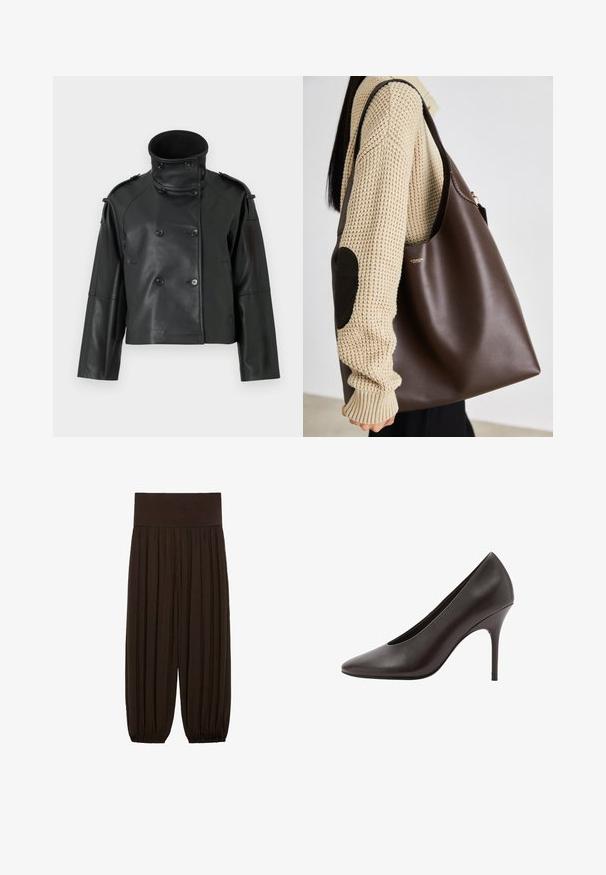 Veste en cuir noir avec un col haut, design croisé, grands boutons et épaulettes. Texture lisse, longueur courte.; Chemise noire à boutons avec un motif à carreaux marron, blanc et gris, manches longues, col et poche poitrine avant avec un design de carreaux en diagonale.; Chemise grise à manches longues en mélange de coton léger, dotée d'un col rond et d'une texture unie sans motifs ni accents.; Pantalons plissés marron avec une large taille élastique. Le tissu est léger et texturé, avec des ourlets froncés aux poignets.; Escarpin noir en cuir à bouts pointus avec un talon aiguille fin et une finition lisse, présenté de côté.; Sac tote en cuir marron au design spacieux. Présente une texture lisse et un logo doré subtil. Associé avec un pull en tricot crème.