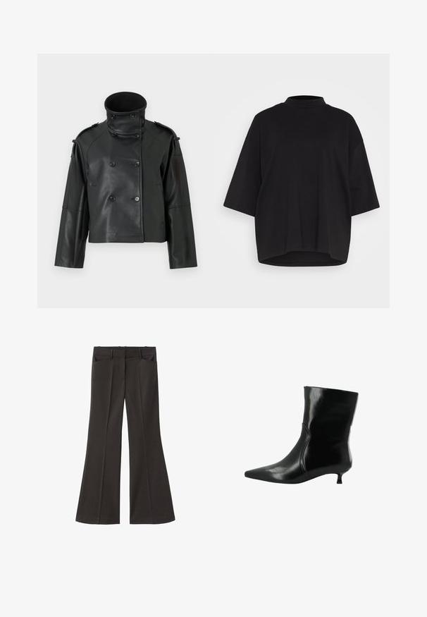 Giubbotto di pelle nera con colletto alto, design doppiopetto, grandi bottoni e spalline. Texture liscia, lunghezza cropped.; T-shirt in cotone nero con scollatura alta, maniche corte a mantello e una vestibilità rilassata e ampia. Texture liscia e orlo arrotondato.; Pantaloni neri a zampa d'elefante con vita alta; presentano due tasche frontali e una texture del tessuto liscia. Adatti per varie occasioni.; Stivaletto in pelle nera con punta affilata e tacco basso a kitten, dettaglio della cucitura laterale e finitura lucida e liscia.