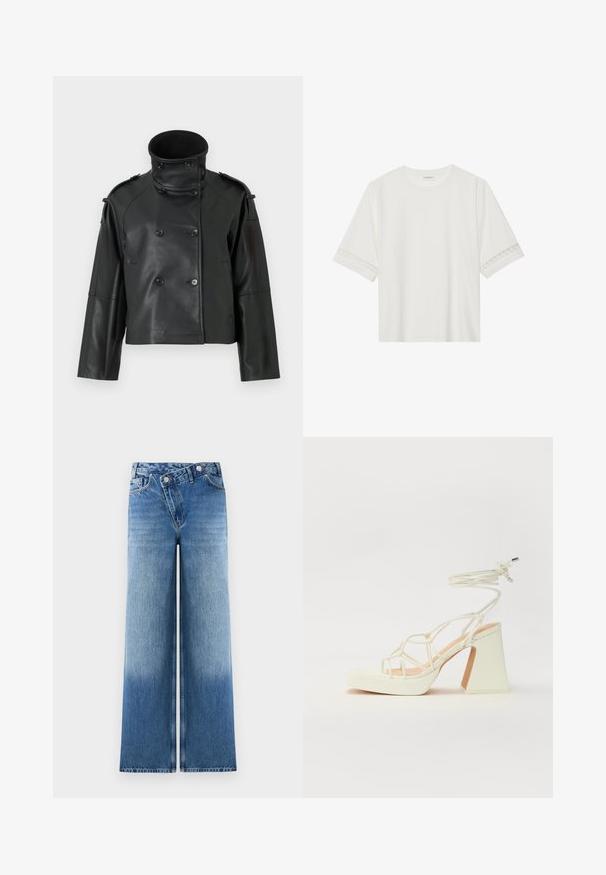 Svart läderjacka med hög krage, dubbelknappad design, stora knappar och axelklaffar. Slät textur, kort längd.; Vit kortärmad t-shirt i bomull, med dekorativa spetsdetaljer längs ärmarna och rund halsringning.; Ljusblå vida jeans med en urblekt tvätt, med en klassisk femfickorsdesign och metallknappaccent vid midjan.; Vit högklackad sandal med en kraftig klack, med ett remdesign och ankelband. Slät textur med en plattform framtill för ökad höjd.