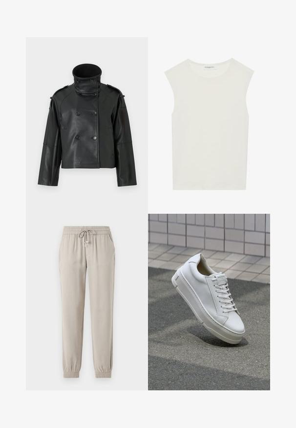Veste en cuir noir avec un col haut, design croisé, grands boutons et épaulettes. Texture lisse, longueur courte.; Haut sans manches blanc avec un col rond. Fabriqué en tissu lisse, il présente une coupe décontractée et un design minimaliste. Pas de motifs ni d'accents.; Pantalons de jogging beige clair en tissu doux, dotés d'une taille élastique avec un cordon de serrage, de poches latérales et de poignets élastiques.; Baskets blanches en cuir avec un design bas, lacets plats, bout arrondi et côtés texturés. Semelle en caoutchouc épaisse avec des accents subtils.