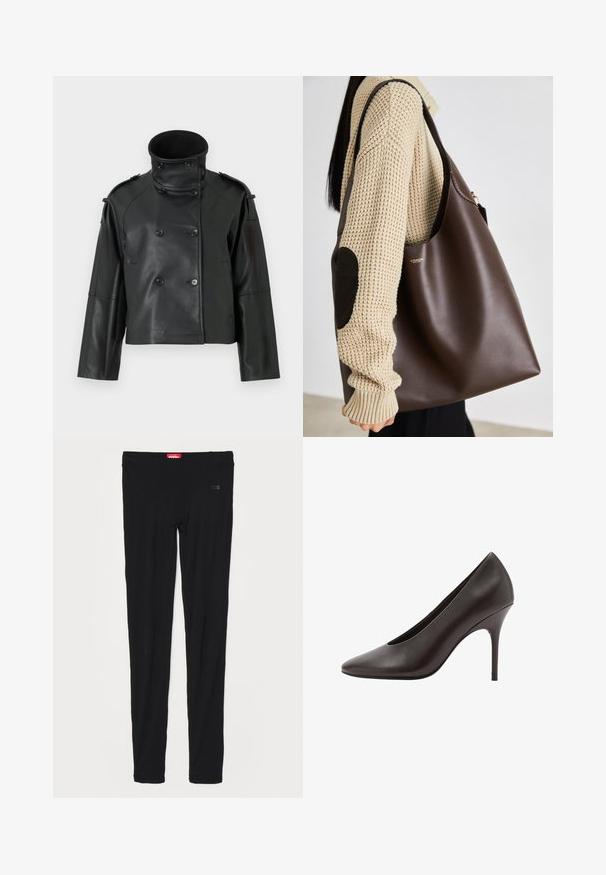 Czarna skórzana kurtka z wysokim kołnierzem, podwójnym zapięciem, dużymi guzikami i naramiennikami. Gładka tekstura, skrócona długość.; Szara koszula z długim rękawem, wykonana z lekkiej mieszanki bawełny, z okrągłym dekoltem i gładką fakturą, bez wzorów ani dodatków.; Czarne legginsy z gładkiego materiału, z wysokim stanem i subtelnym logo z przodu. Legginsy mają smukły, dopasowany krój.; Czarne skórzane szpilki z ostro zakończonym noskiem, o smukłym obcasie stiletto i gładkim wykończeniu, pokazywane z boku.; Brązowa skórzana torba typu tote o pojemnym designie. Charakteryzuje się gładką fakturą i subtelnym złotym logo. Połączona z kremowym swetrem z dzianiny.