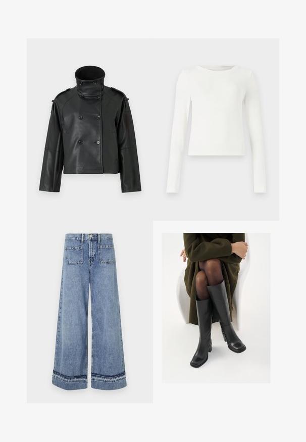 Černá kožená bunda s vysokým límcem, dvouřadým designem, velkými knoflíky a ramenními vycpávkami. Hladká textura, zkrácená délka.; Bílé dlouhé rukávy žebrované tričko s kulatým výstřihem. Hladký povrch, přiléhavý střih a žádné viditelné vzory ani akcenty. Jednoduchý a minimalistický styl.; Světle modré denimové široké kalhoty s vysokým pasem, dvěma zadními kapsami a kontrastním stehem podél lemu.; Černé kožené boty po kolena s hranatou špičkou a blokovým podpatkem, předvedené na modelce sedící v olivově zeleném kabátu. Hladký povrch, minimalizované detaily.