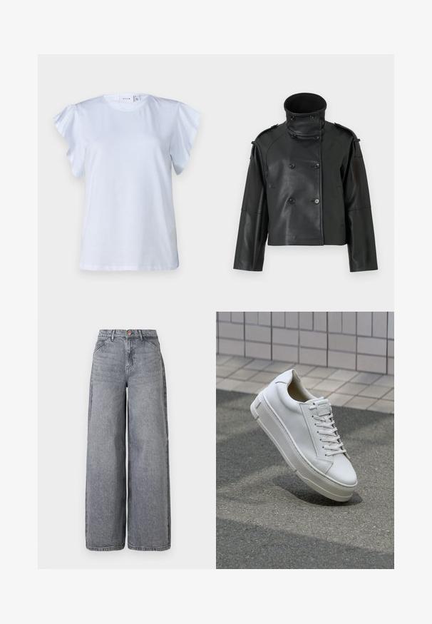 Juodas odinis švarkas su aukštu apykakle, dvigubu užsegimu, dideliais mygtukais ir petinėmis. Lygus tekstūrinis paviršius, trumpa ilgis.; Balta marškinėlių su trumpomis raukinėmis, apvaliu kaklu ir minkšta medvilnine medžiaga. Paprastas dizainas be raštų ar akcentų.; Plačios kojelės džinsai iš išblukusio pilko pluošto, su penkiomis kišenėmis, mygtuko uždarymu ir minkštu paviršiumi, turinčiu subtilius nusidėvėjimo akcentus.; Balti odiniai sportbačiai su žemu dizainu, plokščiais raišteliais, apvaliu pirštu ir tekstūruotomis šoninėmis dalimis. Storas guminis padas su subtiliais akcentais.