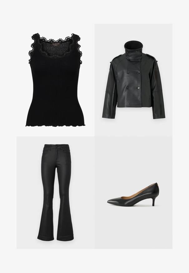 Jachetă din piele neagră cu guler înalt, design dublu-bottonat, butoane mari și epauleți pe umeri. Textură netedă, lungime scurtă.; Top de iarnă negru cu cristale la guler și la brațe. Prezintă un design ajustat și margini ondulate pentru un plus de textură.; Jeans negri evazați dintr-un material neted. Au cinci buzunare, talie ajustată și o deschidere largă la tiv.; Pantofii din piele neagră au vârful ascuțit, toc mic și o textură netedă. Au o deschidere ușoară în față și un hardware minim în spate.