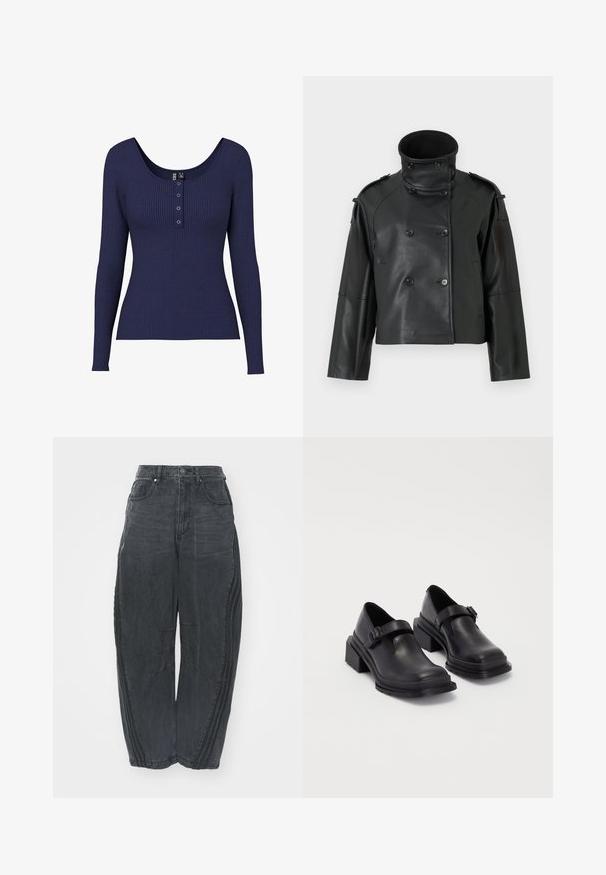 Černá kožená bunda s vysokým límcem, dvouřadým designem, velkými knoflíky a ramenními vycpávkami. Hladká textura, zkrácená délka.; Námořnická modrá žebrovaná blůza s dlouhými rukávy a výstřihem do lodičky, s knoflíkovou légou s třemi kovovými knoflíky uprostřed.; Pohodlné černé džíny z denimu s opraným vzhledem, pěti kapsami, zapínáním na knoflík v pase a prošíváním na přední straně a bocích.; Černé kožené boty s kulatou špičkou, plochou podrážkou a páskem s detaily s přezkou. Masivní blokový podpatek pro zvýšenou stabilitu.