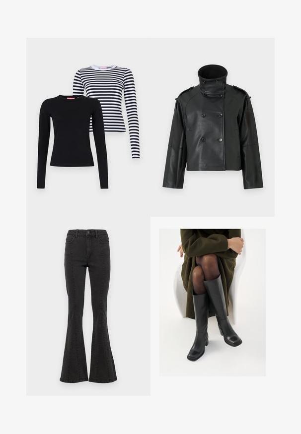 Melnā ādas jaka ar augstu apkakli, dubultā aizdare, lieliem pogām un plecu apmalēm. Gluda tekstūra, īsā garumā.; Divi garām piedurknēm tops: viens pilnīgi melns, otrs balts ar melnām horizontālām svītrām. Abiem ir apaļie kakli un pieguļošs dizains.; Melnas džinsu bikses ar platām kājām un augstu jostas vietu, ar sānu šuvēm un gludu apdari pie apakšmalas. Audumam ir gluda tekstūra ar nelielu stiepšanos.; Ceļgalu augstuma melni ādas zābaki ar kvadrātu purngalu un bloku papēdi, attēloti modelī, kurš sēž olīvu zaļā mētelī. Gluda tekstūra, minimāla apdare.