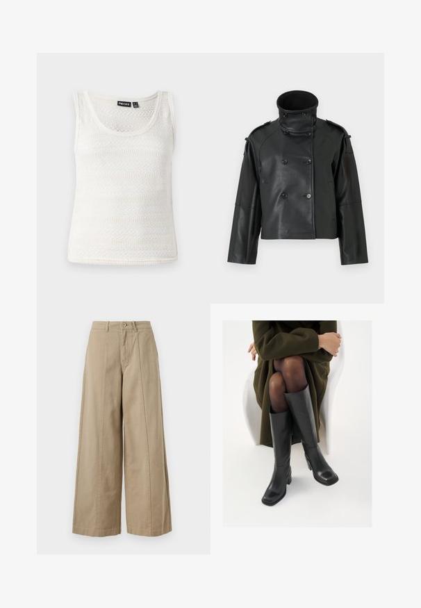 Black leather jacket with a high collar, double-breasted design, large buttons, and shoulder epaulettes. Smooth texture, cropped length.; White knit tank top featuring a scoop neckline and textured pattern. Material is lightweight with a fine, soft finish.; Beige wide-leg trousers made of sturdy cotton, featuring a button closure, belt loops, and clean front pleating with no visible pockets.; Knee-high black leather boots with a squared toe and block heel, shown with a model seated in an olive green coat. Smooth texture, minimal detailing.