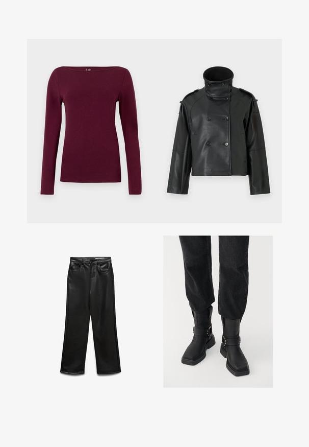 Črna usnjena jakna z visokim ovratnikom, z dvojnim zapenjanjem, velikimi gumbi in ramenskimi epauletami. Gladko usnje, krajša dolžina.; Bordo dolga majica z izrezom v obliki čolna, iz mehke tkanine. Ima oprijet dizajn in gladko teksturo, brez vidnih vzorcev ali poudarkov.; Široke hlače iz umetnega usnja v črni barvi z sprednjimi žepi, zankami za pas in subtilnim sijajem. Gladek tekstura in krojena prileganje.; Črne usnjene gležnjarje s kvadratnim nosom, ki vsebujejo širok trak in podrobnost z metalno zaponko. Gležnjarji imajo debelo podplat in gladko teksturo.