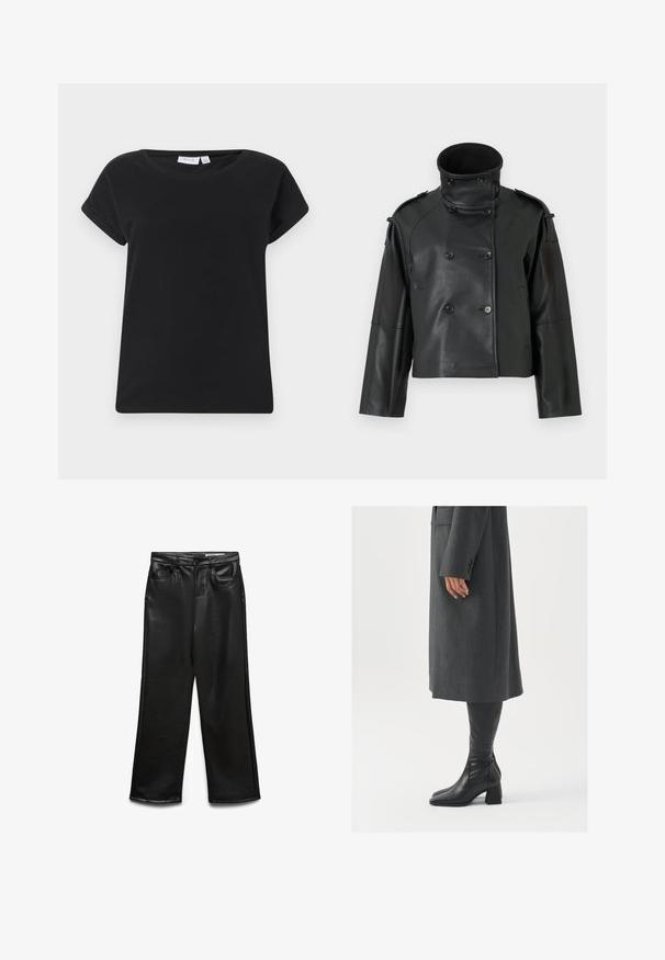 Juodas odinis švarkas su aukštu apykakle, dvigubu užsegimu, dideliais mygtukais ir petinėmis. Lygus tekstūrinis paviršius, trumpa ilgis.; Juodas medvilnės marškinėliai su apvaliu kaklu, trumpomis pasuktomis rankovėmis ir laisvu siluetu. Pasižymi lygiu tekstūru ir minimalistiniu dizainu.; Juodos spalvos dirbtinės odos plačiomis kojomis kelnės su priekine kišene, diržo kilpomis ir subtiliu blizgesiu. Lygios tekstūros ir pritaikyto silueto.; Pilkas pritaikytas paltas su tiesiu kirpimu; derinamas su juodais odiniais batais iki kelių, turinčiais kvadratinį pirštą ir storą kulną.