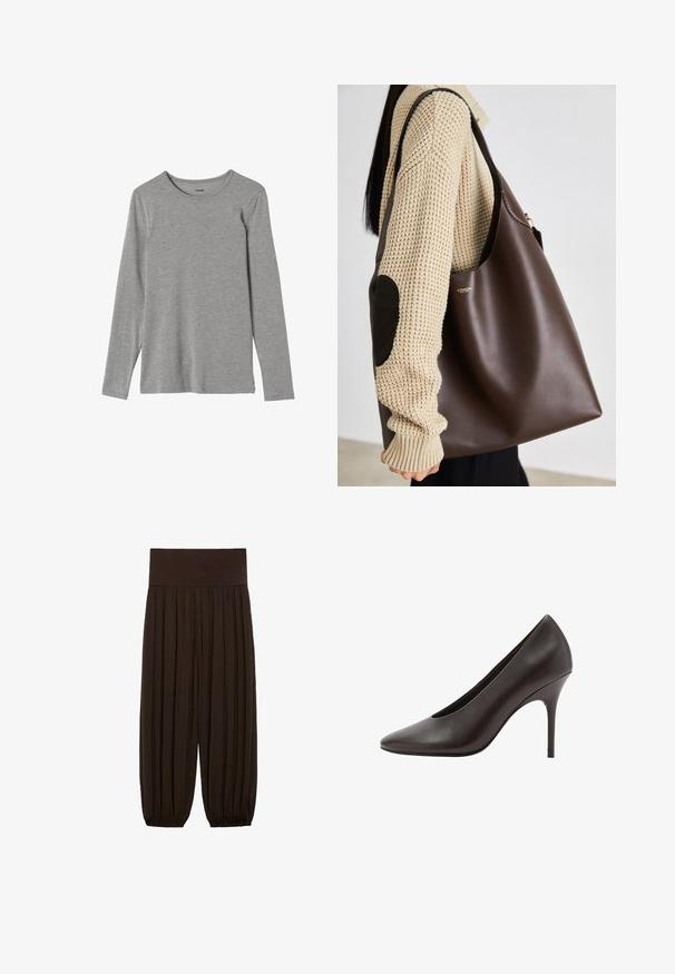 Czarna skórzana kurtka z wysokim kołnierzem, podwójnym zapięciem, dużymi guzikami i naramiennikami. Gładka tekstura, skrócona długość.; Szary długi rękaw T-shirt wykonany z miękkiego materiału, z okrągłym dekoltem i prostym krojem; gładka tekstura bez wzorów czy ozdób.; Czarna koszula na guziki z brązowym, białym i szarym wzorem w kratę, z długimi rękawami, kołnierzykiem oraz kieszenią na piersi z ukośnym wzorem w kratę.; Brązowe spodnie z plisami i szerokim, elastycznym pasem. Materiał jest lekki i teksturowany, z marszczonymi wykończeniami u dołów.; Czarne skórzane szpilki z ostro zakończonym noskiem, o smukłym obcasie stiletto i gładkim wykończeniu, pokazywane z boku.; Brązowa skórzana torba typu tote o pojemnym designie. Charakteryzuje się gładką fakturą i subtelnym złotym logo. Połączona z kremowym swetrem z dzianiny.