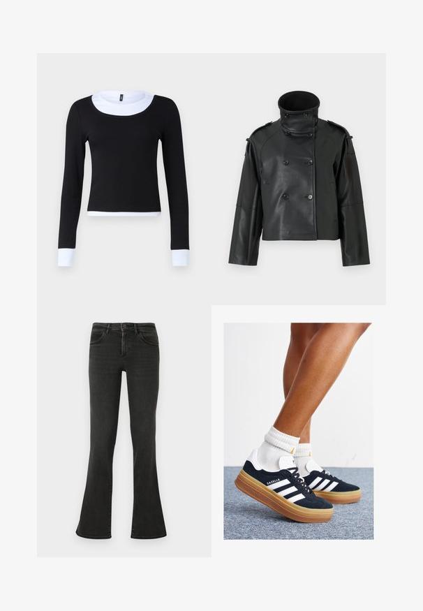 Schwarze Lederjacke mit hohem Kragen, doppelter Knopfleiste, großen Knöpfen und Schulterklappen. Glatte Textur, cropped Länge.; Schwarzes Langarmoberteil mit gerippter Struktur, ausgestattet mit einem weißen Rundhalsausschnitt und Bündchen. Das Design ist tailliert und endet an der Taille.; Schwarze, ausgestellte Jeans aus Denim. Mit hoher Taille, Fronttaschen und minimalistischem Design. Die Nähte sind entlang der Säume sichtbar.; Schwarze Wildledersneaker mit weißen Streifen und Akzenten, rundlicher Zehenbereich, Sohlen aus braunem Gummi, kombiniert mit weißen, gerippten Sneakersocken.