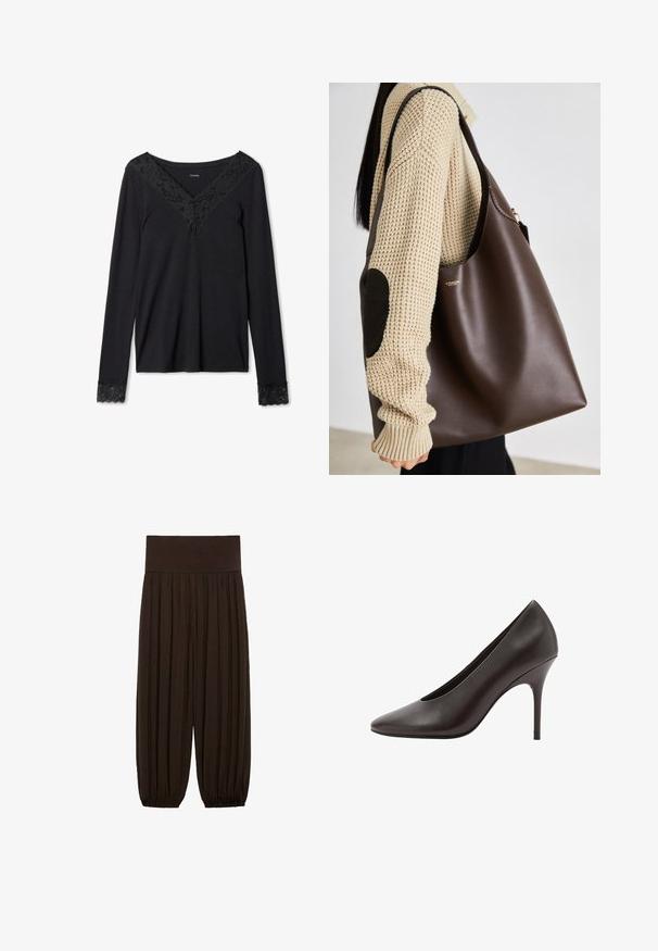 Černá kožená bunda s vysokým límcem, dvouřadým designem, velkými knoflíky a ramenními vycpávkami. Hladká textura, zkrácená délka.; Černý top s dlouhými rukávy a krajkovým lemem na výstřihu a manžetách. Měkká tkanina s volným střihem a designem ve tvaru V.; Hnědé plisované kalhoty se širokým elastickým pasem. Materiál je lehký a strukturovaný, s nařasenými lemy na manžetách.; Černé kožené lodičky s jemně špičatou špičkou a úzkým jehlovým podpatkem, hladkým povrchem, zobrazené z boku.; Hnědá kožená taška přes rameno s prostorným designem. Disponuje hladkou texturou a decentním zlatým logem. V kombinaci s krémovým pleteným svetrem.