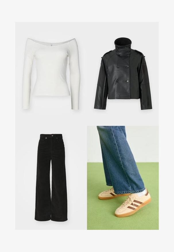 Black leather jacket with a high collar, double-breasted design, large buttons, and shoulder epaulettes. Smooth texture, cropped length.; White off-the-shoulder long-sleeve top made from ribbed material. Fitted design with a smooth texture and straight hemline.; Black corduroy wide-leg pants with a high waist, featuring two front pockets and a metal button closure. Textured fabric with vertical ridges.; Beige sneakers with textured cream panels and brown stripes, paired with blue denim jeans. The jeans have a wide leg and frayed hem.