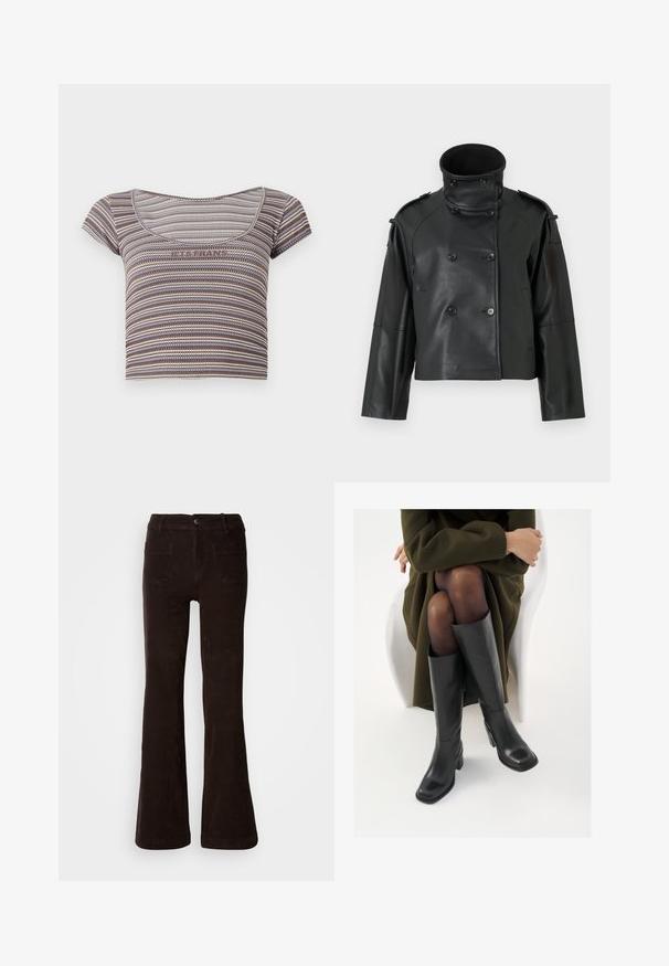 Svart läderjacka med hög krage, dubbelknappad design, stora knappar och axelklaffar. Slät textur, kort längd.; Brun, blå och beige randig kortärmad beskjuten topp med rundad halsringning och texten "JA TACK" över bröstet.; Bruna manchesterbyxor med utsvängda ben och en strukturerad yta, utrustade med en knappstängning framtill, bältesöglor och två bakfickor.; Knähöga svarta läderstövlar med fyrkantig tå och klack i blockmodell, visade med en modell sittande i en olivgrön kappa. Slät textur, minimal detaljering.