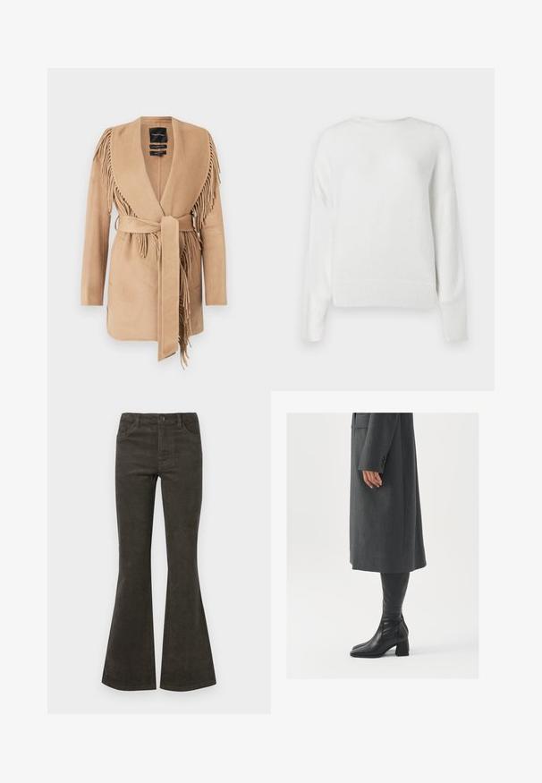 Beige fringed wrap coat made of soft fabric, featuring a shawl collar, tie belt, and two front patch pockets.; White, fluffy sweater made from soft material. Features a round neck, long sleeves, and ribbed cuffs and hem. Simple, textured design.; Flared corduroy pants in dark olive green, featuring a button and zipper closure, five pockets, and subtle ribbed texture.; Gray, tailored overcoat with a straight cut; paired with knee-high black leather boots featuring a square toe and chunky heel.
