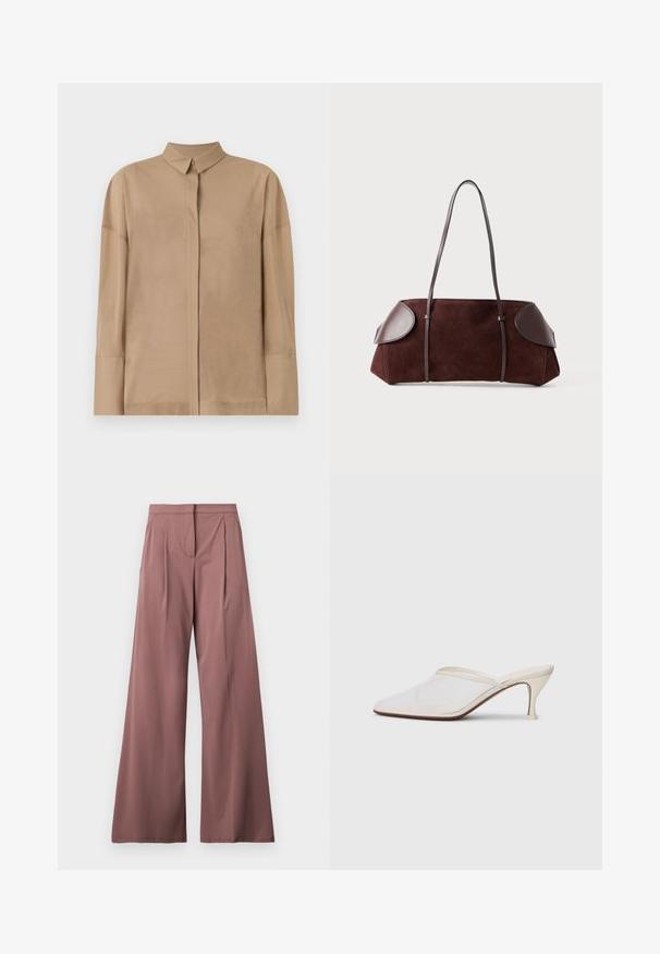 Brun, mellemlang frakke med klassisk krave, knaplukning og to forlommer. Lavet af glat, struktureret stof med en skræddersyet pasform.; Beige langærmet skjorte i letvægtsstof med klassisk krave, skjult knaplukning og subtile stikninger på ærmerne.; Bredde benbukser i en dæmpet rosenfarve, lavet af glat stof med frontfolder og en enkelt sidelomme. Simpel, elegant design.; Hvide mesh spidse mule-sko med en slank hæl i mellem højde og slip-on design mod en ensfarvet baggrund.; Brun ruskinds taske med læderdetaljer, struktureret form, dobbelte skulderstropper og afrundede kanter, som har en glat tekstur og minimal hardware.