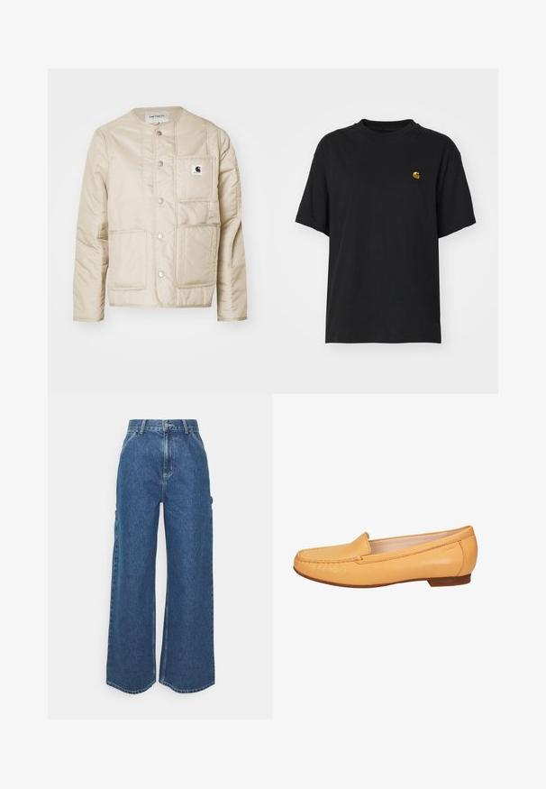 Beige gepolsterte Jacke mit rundem Hals, vorderen Druckknöpfen, zwei großen Taschen und einem kleinen Logo-Patch auf der Brust. Glatte, isolierte Textur.; Schwarzes Baumwoll-T-Shirt mit lockerer Passform. Hat einen Rundhalsausschnitt und kurze Ärmel. Enthält ein kleines, goldfarben gesticktes Logo auf der Brust.; Weite blaue Denim-Hosen mit hoher Taille, kontrastierenden Nähten und Seitentaschen, ausgestattet mit einem klassischen Five-Pocket-Design und rohen Säumen.; Gelbe Lederloafers mit gestepptem Zehenbereich, flacher brauner Sohle und minimalistischen Akzenten an der Seite. Ganze Oberfläche mit glatter Textur.