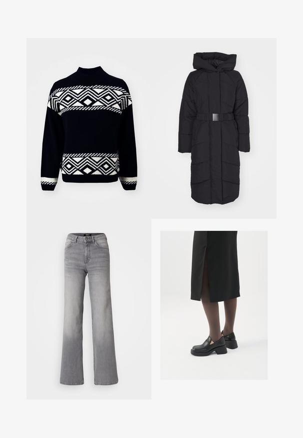 ONLY ONLJOANNE BELTED PUFFER COAT - Ziemas mētelis - black; ONLY ONLVICTORIA - Džemperis - black/pumice stone; Augsti vidukļa taisnas kājas pelēkas džinsa bikses ar priekšējo pogu un rāvējslēdzēju, priekšējām un aizmugurējām kabatām, kā arī izbalinātiem toņiem uz augšstilbiem un teļiem.; Melni ādas apavi ar noapaļotu purngalu, biezām bloku papēžiem un elastīgiem sānu akcentiem, apvienoti ar tumšām zeķubiksēm un melnu svārku ar šķirbu.