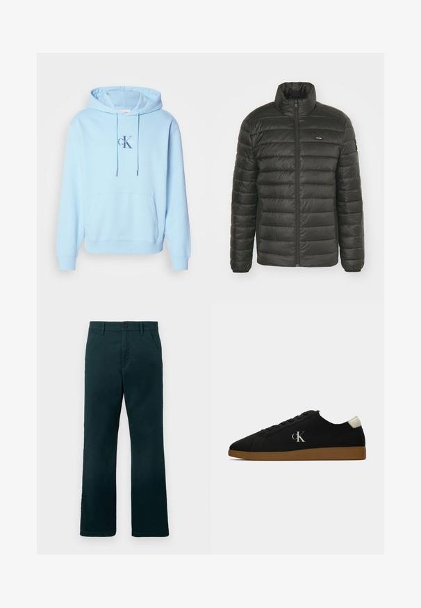 Svart pufferjakke med høy krage, glidelås foran og sydd paneldesign. Har elastiske mansjetter og en diskret logo på brystet.; Lys blå hettegenser laget av myk bomullsblanding, med en frontlig kengurulomme og en trykt Calvin Klein-logo på brystet.; Mørkegrønne bukser med rett ben, beltehemper, sidelommer og knappelukking på en enkel hvit bakgrunn.; Sorte kanvas sneakers med gummisåle, med en sølv "cK" logo på siden og en hvit detalj ved hælen. Lave sneakers.