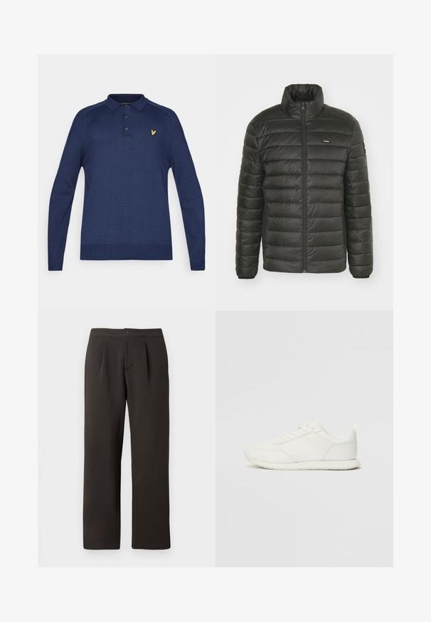 Casaco puffer preto com gola alta, fecho éclair à frente e design em painéis cosidos. Apresenta punhos elásticos e um logótipo discreto no peito.; Camisa polo de manga longa azul marinho com textura canelada, pala de três botões e um pequeno logótipo dourado no peito.; Calças castanhas escuras, de perna reta, com frente plana, duas pregas e fecho de botão. Feitas de um tecido suave com uma ligeira textura.; Sapatilha branca com parte superior em malha e sintético, bico arredondado, atacadores planos e uma faixa lateral texturizada. Sola em borracha com uma alça na parte de trás.