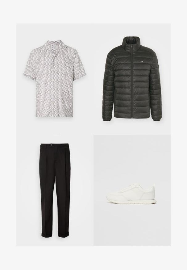 Čierna puffa bunda s vysokým golierom, zipsovým zapínaním a prešitým dizajnom panelov. Obsahuje elastické manžety a diskrétne logo na hrudi.; Košeľa s krátkym rukávom vyrobená z ľahkého materiálu, s geometrickým vzorom v svetlosivej a bielej farbe, s golierom a zapínaním na gombíky.; Čierne nohavice s hladkým povrchom, rovného strihu, s dvoma prednými vreckami a jedným gombíkom na uzatvorenie v páse.; Biele tenisky s sieťovaným a syntetickým zvrškom, okrúly špička, ploché šnúrky a štruktúrovaný pruh na boku. Gumová podrážka s pútkom na zadnej strane.
