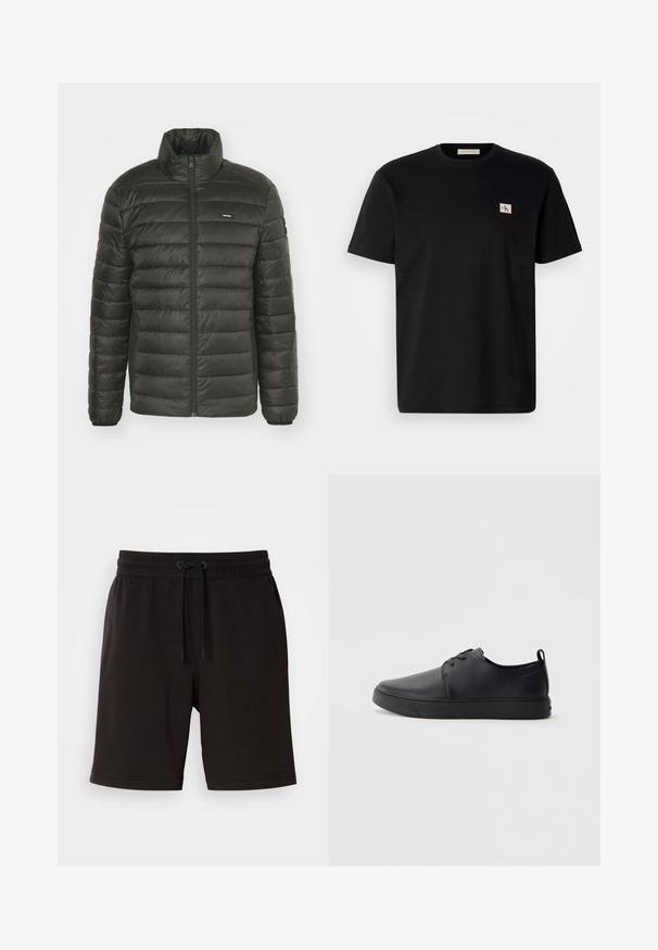 Čierna puffa bunda s vysokým golierom, zipsovým zapínaním a prešitým dizajnom panelov. Obsahuje elastické manžety a diskrétne logo na hrudi.; Čierne bavlnené tričko s krátkymi rukávmi, okrúhlym výstrihom a malým vyšitým logom na ľavej hrudi. Hladká textúra, štandardný strih.; Čierne bavlnené šortky s elastickým pásom, detailom na šnúrku, bočnými vreckami a voľným strihom. Hladká textura a dĺžka po kolená.; Čierne kožené tenisky s hladkým povrchom, zaoblenou špičkou, tonálnym šitím, šnurovaním vpredu a plochou gumovou podrážkou. Obojok na päte.