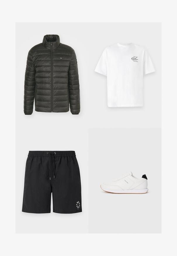 Čierna puffa bunda s vysokým golierom, zipsovým zapínaním a prešitým dizajnom panelov. Obsahuje elastické manžety a diskrétne logo na hrudi.; Biela bavlnená tričko s krátkymi rukávmi a okrúhlym výstrihom, s čiernym logom CK na ľavej strane hrude, štandardná veľkosť, hladká textúra.; Čierne plavky z ľahkého materiálu. Elastický pás so šnúrkou a striebornými koncami. Logo vytlačené v bielej farbe v dolnom ľavom rohu.; Biele tenisky s hladkou textúrou, minimalistickým dizajnom, jemným brandingom na boku a kontrastným čiernym akcentom na päte.