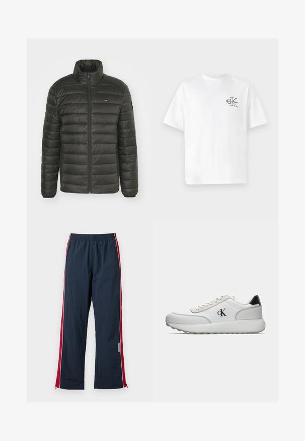 Zwarte pufferjack met een hoge kraag, een rits aan de voorkant en een gestikt paneelontwerp. Beschikt over elastische manchetten en een discreet logo op de borst.; Witte katoenen T-shirt met korte mouwen, ronde hals, met een zwart CK-logo op de linkerborst, normale pasvorm, gladde textuur.; Marineblauwe sportbroek met een elastische tailleband en rode zijstrepen. Voorzien van witte bies en ritsen bij de enkel voor aanpassingen. Lichtgewicht materiaal.; Calvin Klein witte sneakers met een gladleren bovenwerk, suède accenten, een zwarte hiel en een dikke witte zool. Logo aan de zijkant.