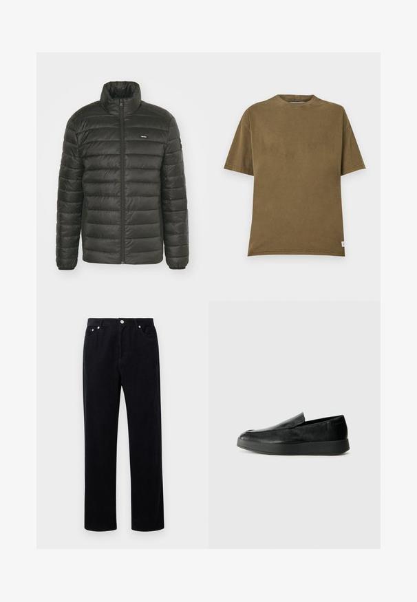 Giacca puffer nera con colletto alto, chiusura frontale con zip e design a pannelli cuciti. Presenta polsini elasticizzati e un logo discreto sul petto.; T-shirt in cotone verde oliva con collo rotondo, maniche corte e vestibilità rilassata. Presenta linee pulite e un piccolo etichetta all'orlo.; Pantaloni in corduroy neri con design a gamba dritta, caratterizzati da una chiusura con bottone e zip, cinque tasche e un tessuto morbido e testurizzato.; Calvin Klein HYBRID CUP - Scarpe senza lacci - triple black