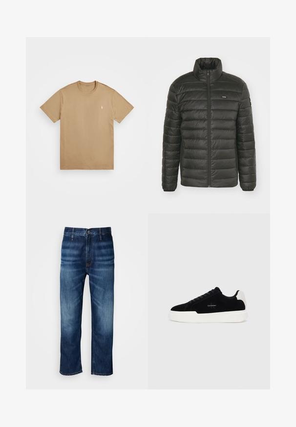 Melns pūšammētelis ar augstu apkakli, ar rāvējslēdzēju priekšpusei un šuvju paneļu dizainu. Iezīmes ietver elastīgas aproces un diskrētu logotipu krūtīs.; Haki kokvilnas T-krekls ar aploku kaklu, īsām piedurknēm, kuram uz kreisā krūšu ir neliels izšuvums ar logo. Gluda tekstūra, pamata dizains.; Tumši zilie taisnās kājas džinsi ar vieglu izbalēšanu uz augšstilbiem un pogu aizdari jostasvietā, attēloti uz baltā fona.; Melni zema profila sporta apavi ar baltu zoli un papēdi, ar šņorēm priekšpusē un Calvin Klein logo sānos.