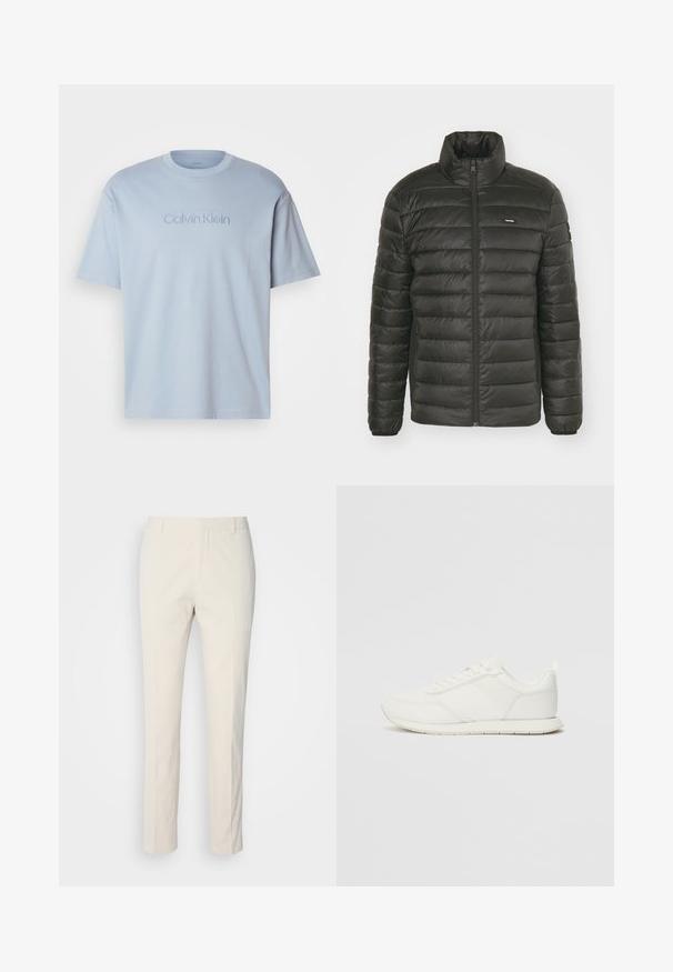 Melns pūšammētelis ar augstu apkakli, ar rāvējslēdzēju priekšpusei un šuvju paneļu dizainu. Iezīmes ietver elastīgas aproces un diskrētu logotipu krūtīs.; Gaiši zils kokvilnas t-krekls ar apaļu kakla izgriezumu, īsām piedurknēm un izšuvētu "Calvin Klein" logo, kas ir atbilstošā tonī uz priekšpuses.; Kremai krāsas piegrieztas bikses ar teksturētu audumu. Ar taisnu kāju dizainu, jostas cilpām un divām priekšējām kabatām. Bez rakstiem.; Baltie sporta apavi ar mežģīņu un sintētisko augšdaļu, apaļu purngalu, plakanu mežģīņu un teksturētu sānu joslu. Gumijas zole ar cilpu aizmugurē.