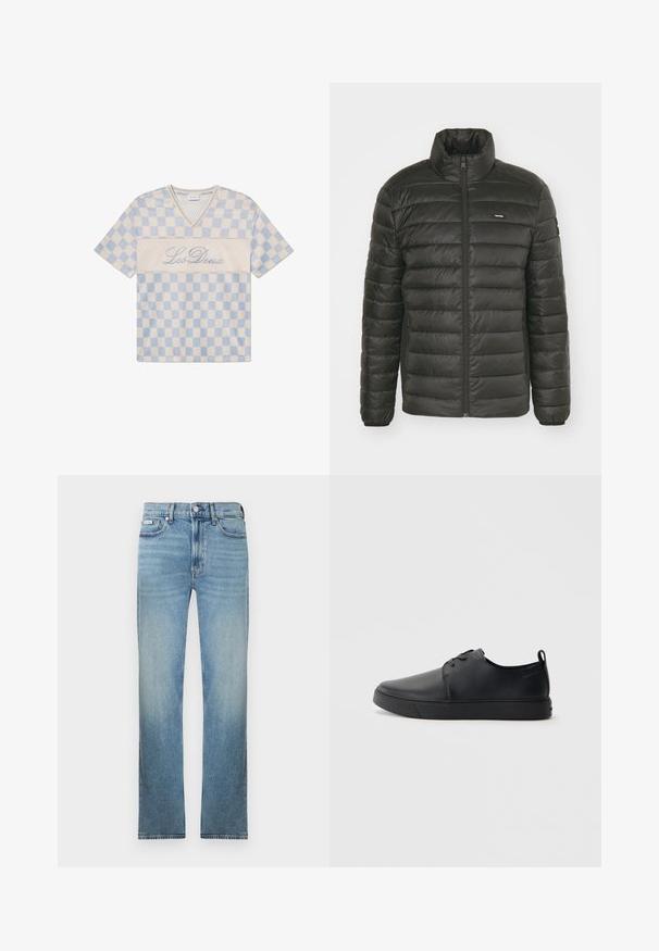 Melns pūšammētelis ar augstu apkakli, ar rāvējslēdzēju priekšpusei un šuvju paneļu dizainu. Iezīmes ietver elastīgas aproces un diskrētu logotipu krūtīs.; Zilbenu un krēmpelēku pārbaudītu sietu īso piedurkņu T-kreklu ar V veida kaklu un vārdiem "Les Deux", kas izšūti uz priekšpuses kursīvā.; Gaiši zili džinsa bikses ar taisnu kājas griezumu, piecu kabatu dizainu un izbalinātu apdari. Ir pogu aizdare un jostas cilpas.; Melnas ādas kedas ar gludu apdari, noapaļota purngala, tonāla šuvēm, auklu fronti un plakanu gumijas zoli. Cilpa pie papēža.