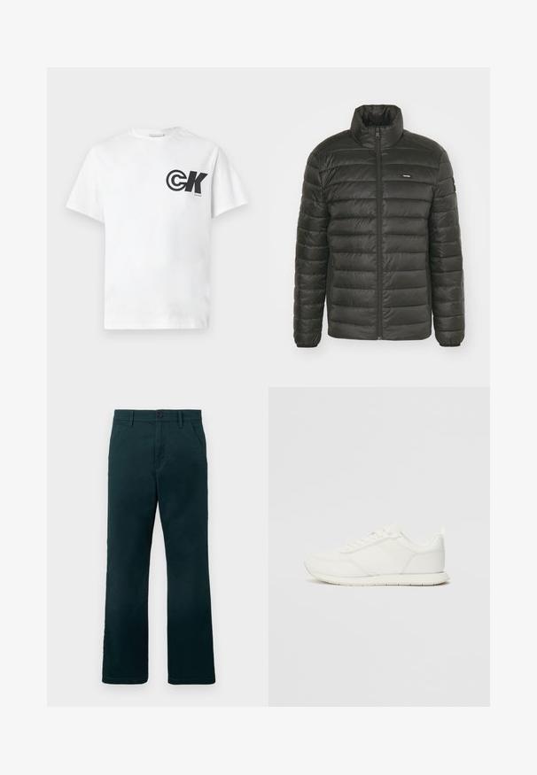 Casaco puffer preto com gola alta, fecho éclair à frente e design em painéis cosidos. Apresenta punhos elásticos e um logótipo discreto no peito.; T-shirt de algodão branca com um logo circular preto "CK" e texto na área esquerda do peito; decote redondo e mangas curtas, design simples.; Calças retas de cor verde-escuro com passantes para cinto, bolsos laterais e fecho de botão sobre um fundo branco liso.; Sapatilha branca com parte superior em malha e sintético, bico arredondado, atacadores planos e uma faixa lateral texturizada. Sola em borracha com uma alça na parte de trás.