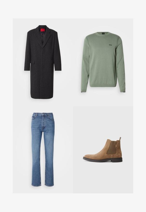 Abrigo de mezcla de lana negra con una silueta ajustada, solapas de muesca, dos bolsillos frontales y un forro interior brillante. Etiqueta de la marca visible.; Suéter de punto verde claro con mangas largas, cuello redondo, detalles acanalados y logo negro "BOSS" en el pecho. Textura suave.; Jeans de mezclilla azul con cintura alta, diseño de pierna recta y un ligero desgaste. Presentan un estilo clásico de cinco bolsillos y un cierre de cremallera.; Botín Chelsea de ante marrón con paneles elásticos en los laterales y una pestaña para facilitar el calzado. Presenta una punta redonda y una suela de goma plana para mayor estabilidad.