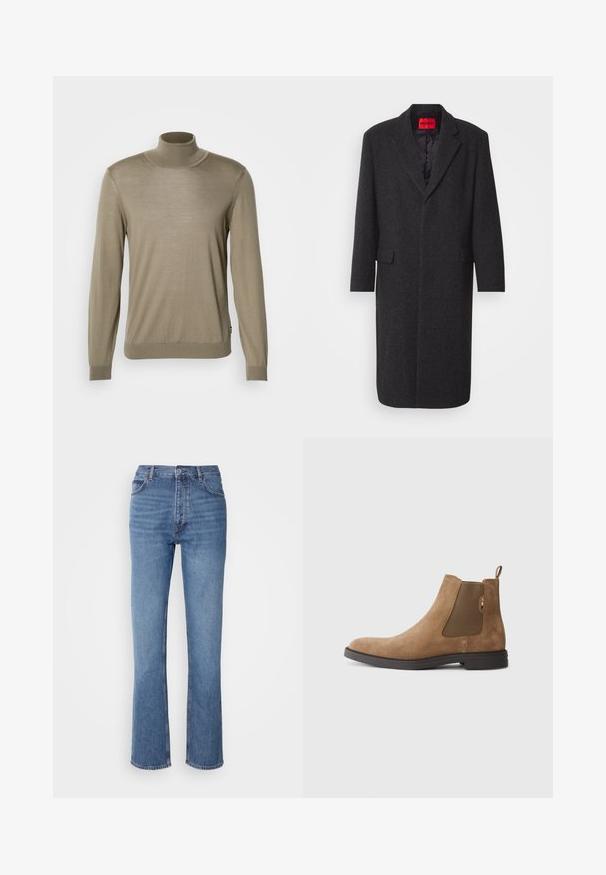 Μαύρο παλτό από μείγμα μαλλιού με κομψό σχήμα, όχι καπάκια, δύο μπροστινές τσέπες και γυαλιστερή εσωτερική επένδυση. Ορατή ετικέτα μάρκας.; Μπεζ πουλόβερ με ψηλό λαιμό, κατασκευασμένο από λεπτό, ραβδωτό ύφασμα. Μακριά μανίκια με στενές μανσέτες και ίσια τελείωση στο κάτω μέρος. Απλός σχεδιασμός, χωρίς μοτίβα.; Μπλε τζιν παντελόνι με ψηλή μέση, ίσια γραμμή και διακριτική φθορά. Διαθέτει κλασικό στυλ πέντε τσέπες και κλείσιμο με φερμουάρ.; Καφέ σουέτ μπότες Chelsea με ελαστικές πλευρικές στρώσεις και θηλιά. Διαθέτουν στρογγυλή μύτη και επίπεδη καουτσούκ σόλα για σταθερότητα.
