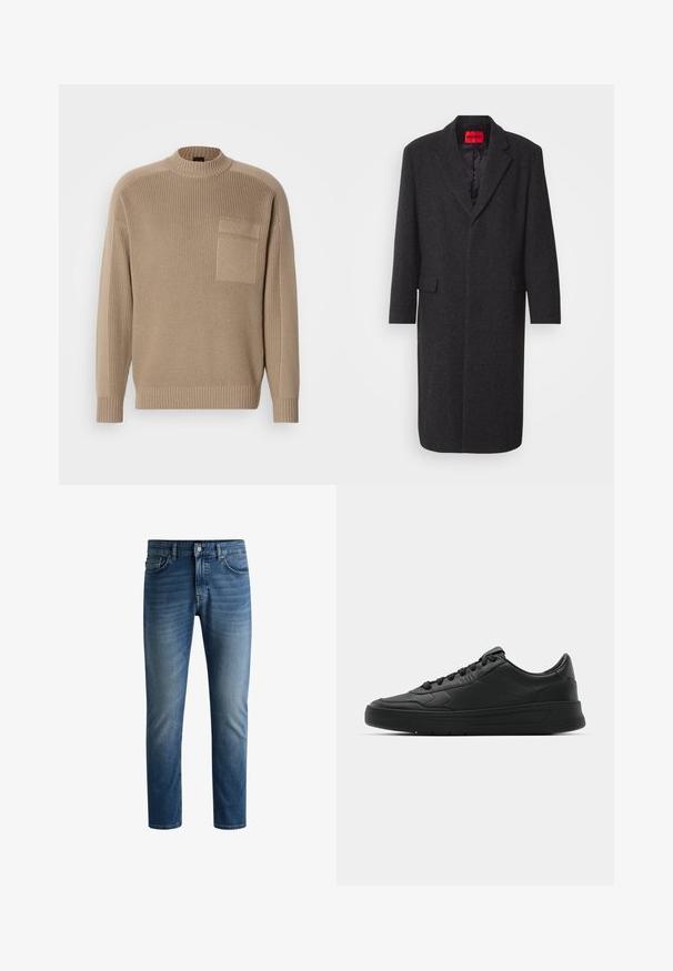 Črn plašč iz volnene mešanice s prilagojeno silhueto, z zaobljenimi reverji, dvema sprednjima žepoma in sijočo notranjo podlogo. Vidna oznaka blagovne znamke.; Bež pulover pleten iz volne z dolgimi rokavi, rebrastim ovratnikom in manšetami, ter z žepom na levem prsnem delu.; Temno modre jeans hlače s ravnim krojem, petimi žepi, svetlim bledenjem na stegnih in enojnim gumbom za zapiranje na pasu.; Črne superge z gladkim usnjenim zgornjim delom, okroglo konico, ravnimi vezalkami, oblazinjeno ovratnikom in minimalističnim dizajnom. Gumijast podplat z diskretnim profilom.